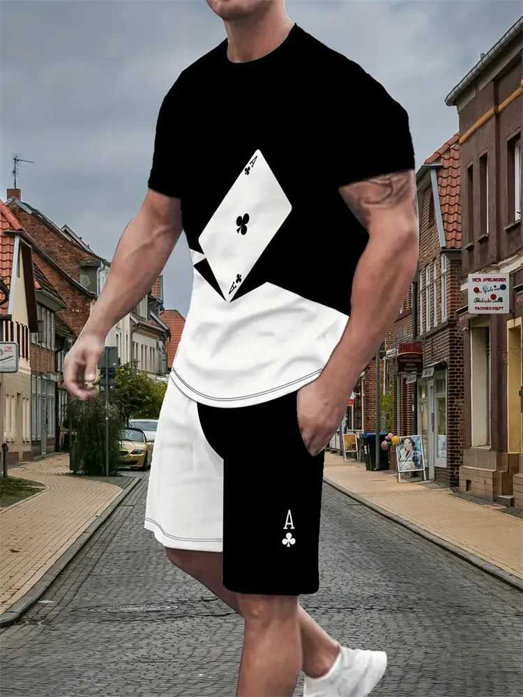 2024 Mens New Poker Printing Short-Sleeve Shorts Set Summer Casual All-Match Round Neck T-Shirt Top Large Size Drawstring ShortsXJ250326