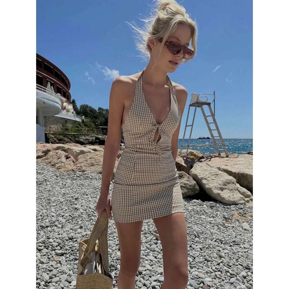 Women's Print TRAF Hanging Grid Neck Slim Dress New Sexy Bow Trimmed Backless Mini Holiday Style Party Short Dresses