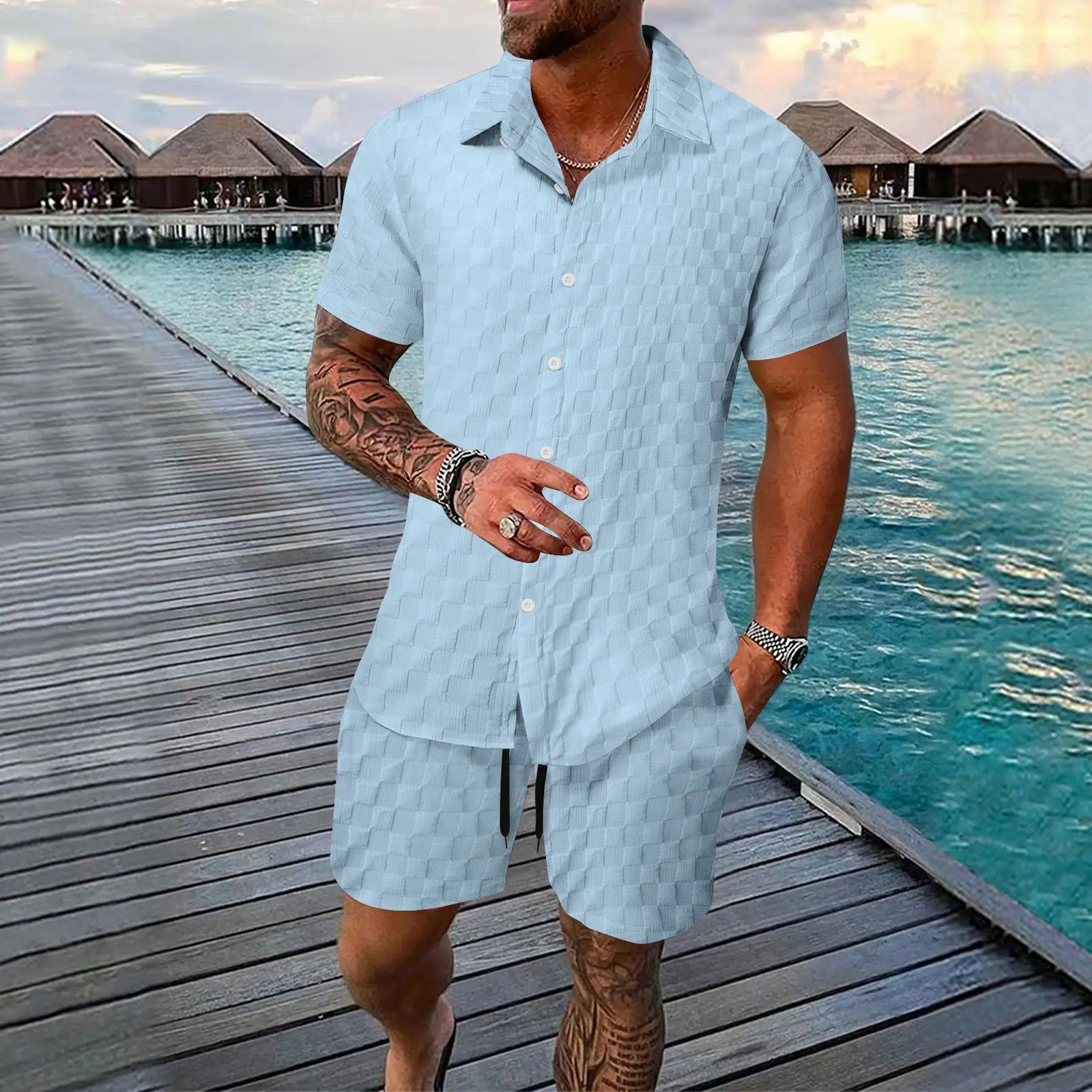 Summer Mens Fashion Beach Set Outdoor Sports and Leisure Shirt Solid Color Checkered Short Sleeve Shorts Two Piece 250327