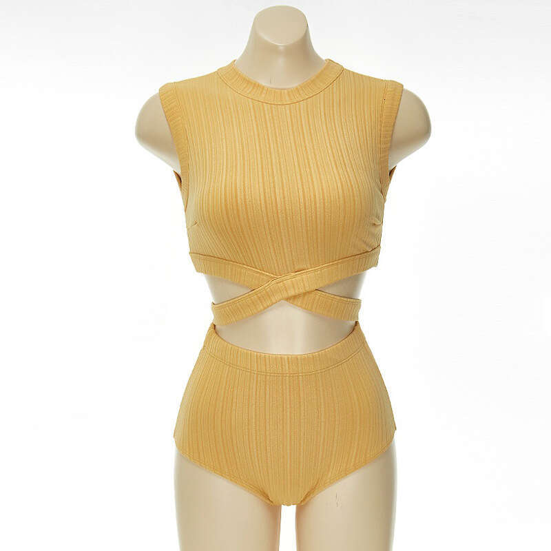 Chic Yellow Swimwear Set Featuring a Neck Crop Top and High Waist - Ideal Summer Beach Essentials