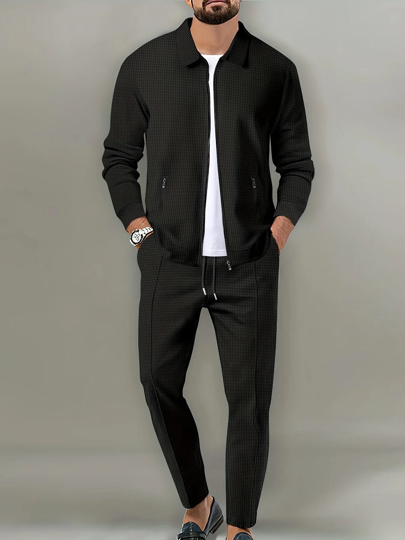 Mens slim fit jacket with zippered pockets long sleeved sweatshirt cardigan set pants elegant twopiece 250326