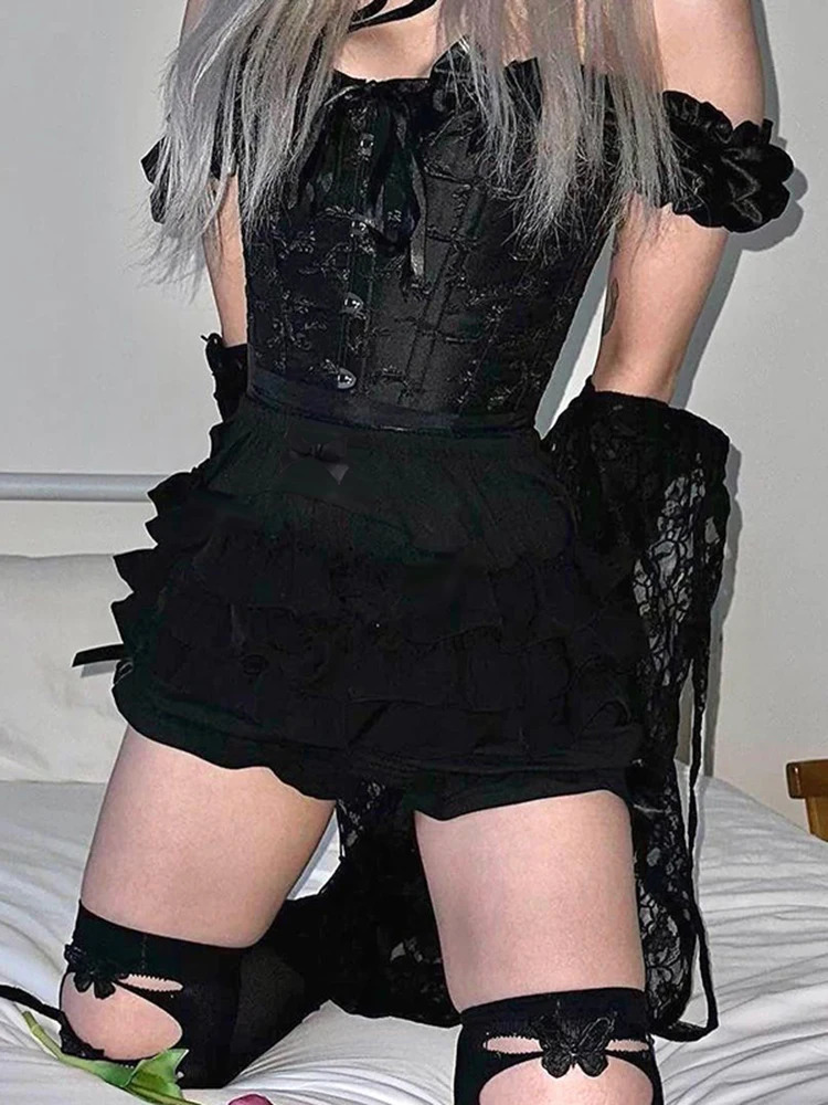 AltGoth Mall Goth week Shorts Aesthetics Y2k Egirl Cute Fairycore Grunge Lace Bow Patch High Waist 250321