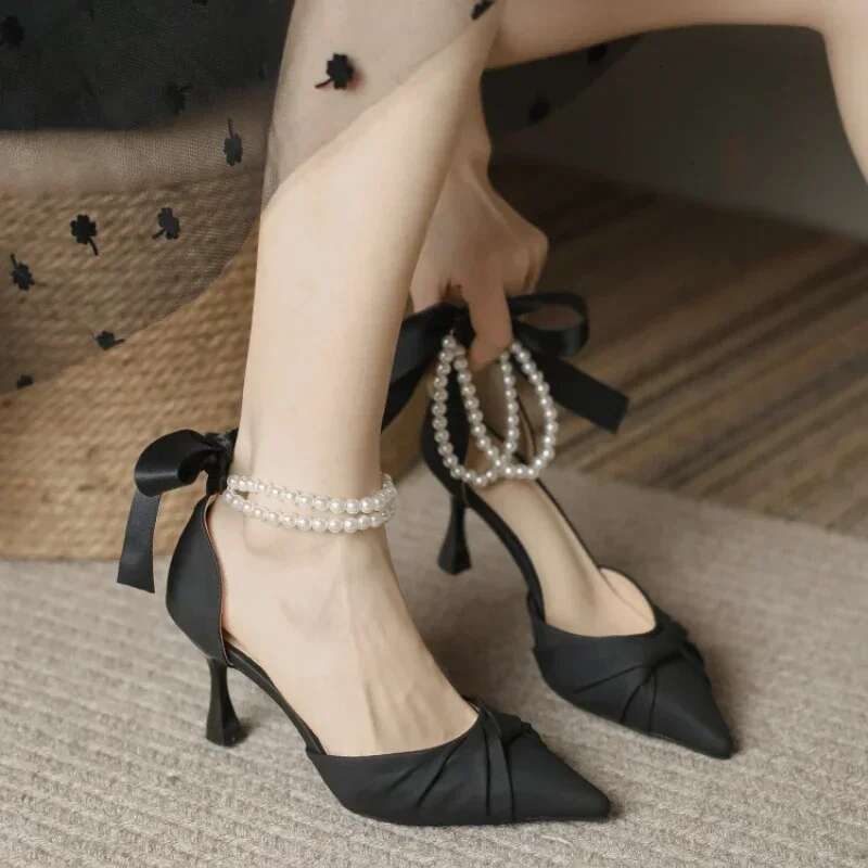 Women Elegant White High Heels Sandals Summer Chunky Platform Pearl Ankle Straps Pumps Woman Lace Bowtie Party Shoes