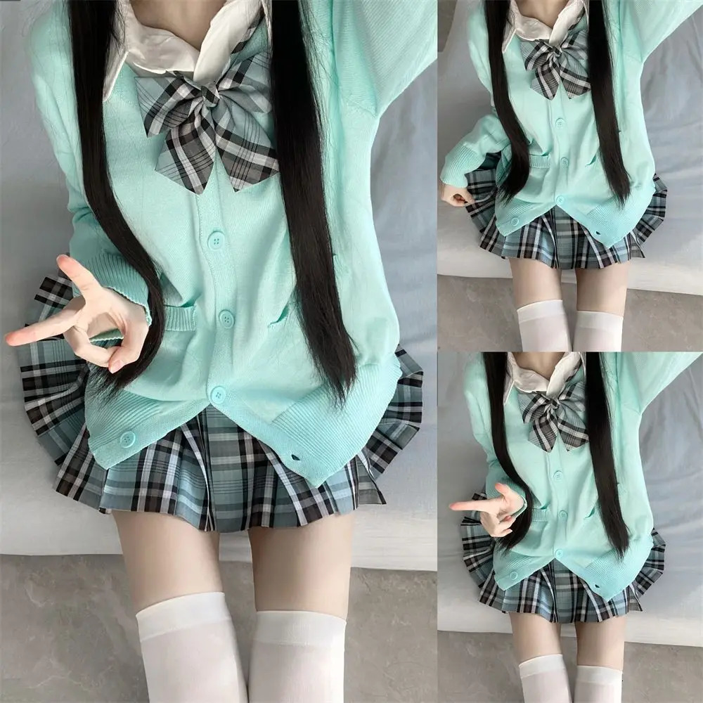 3piece set of multicolor sweaters and plaid skirts for Japanese Korean school uniforms JK uniform with bow graduate clothing 250326