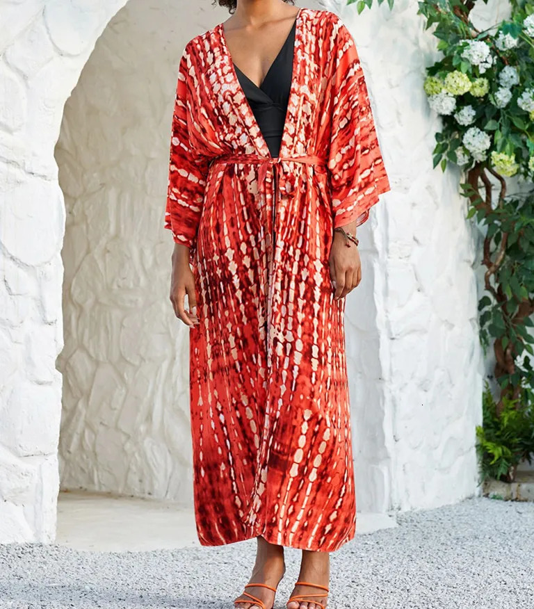 Womens long kimono swimsuit fashionable tie dye open seaside swimsuit 250324