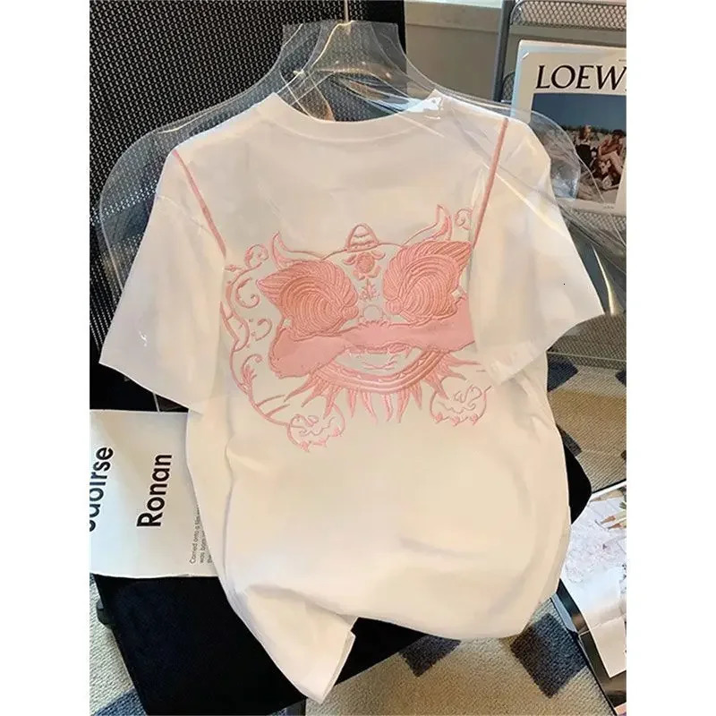 Gothic Embroidered Lion Dance TShirt | Summer Loose Oversized Cotton Tee Unisex Streetwear Graphic Short Sleeve off white 250318