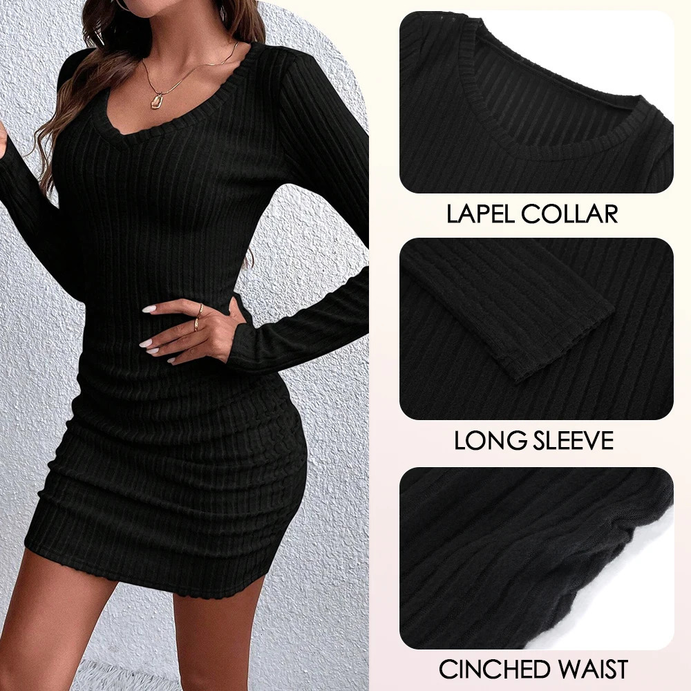 Mia Muse womens autumn and winter lace knitted ultra-thin plain V-neck tight fitting mini casual long sleeved short sleeved dress 250322