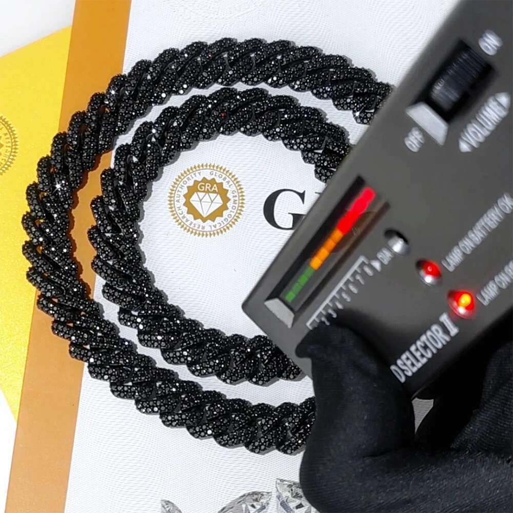 Black Plated 925 Silver VVS Black Moissanite Pass Diamond Tester Cuban Chain Hip Hop 10/12mm 2 rows Rhomboid Necklace