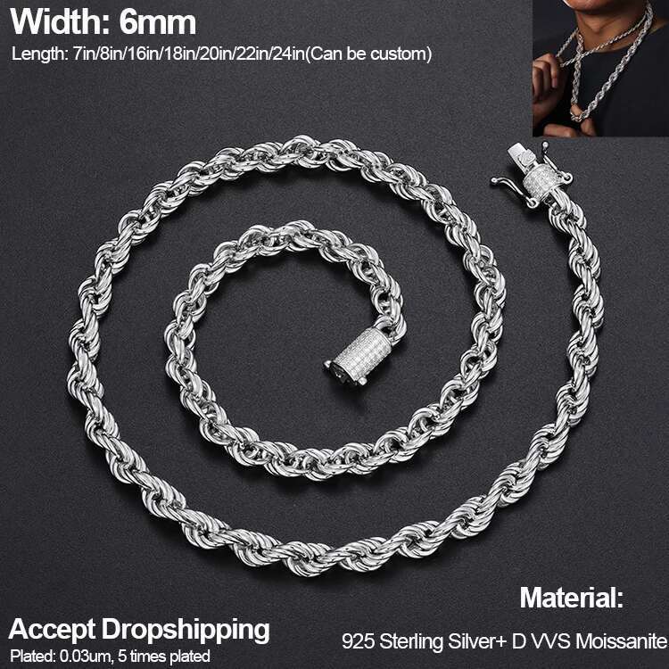 6-20mm S925 Silver Black/Silver/Gold Plated Color Full Miami Cuban Chain Moissanite Rope Rapper Necklace For Men Hip Hop Jewelry