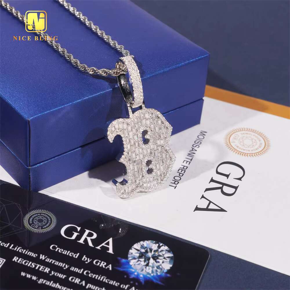 Fashion Baguette Hip Hop Jewelry Letter B Pendant Custom Iced Out 925 Silver VVS Moissanite Diamond Initial Charm Pendant
