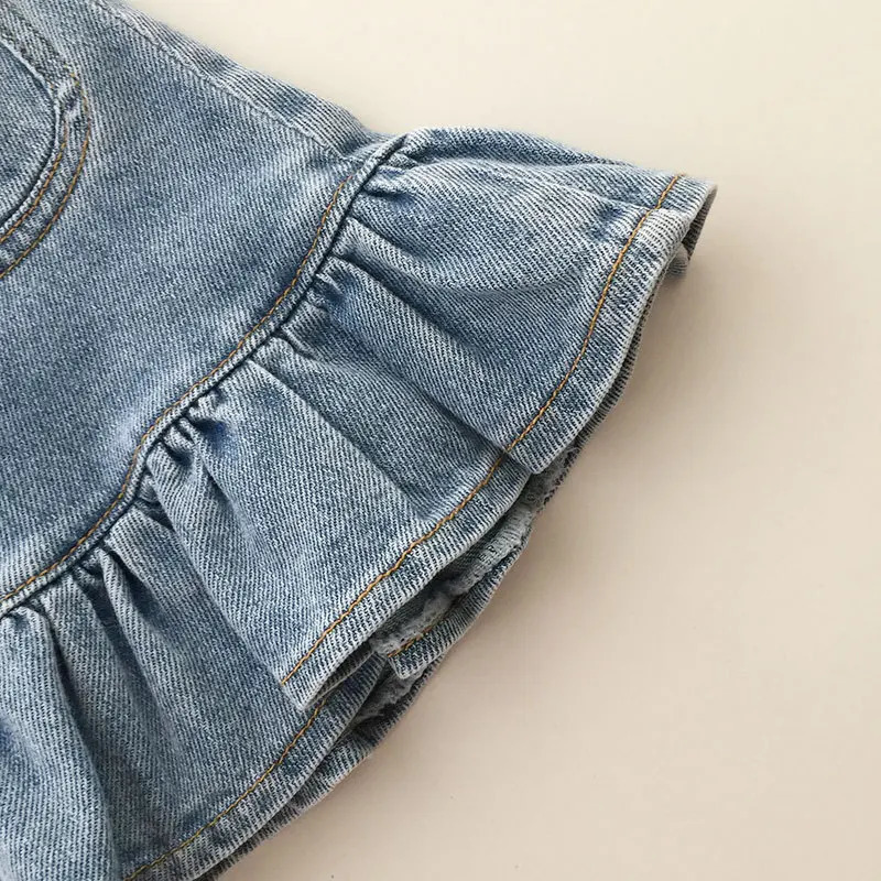 Children Girls Seersucker Short-sleeved T-shirt Denim Skirt Summer Ruffled Fishtail Jean Skirt 2 Pcs Clothing Sets 250326