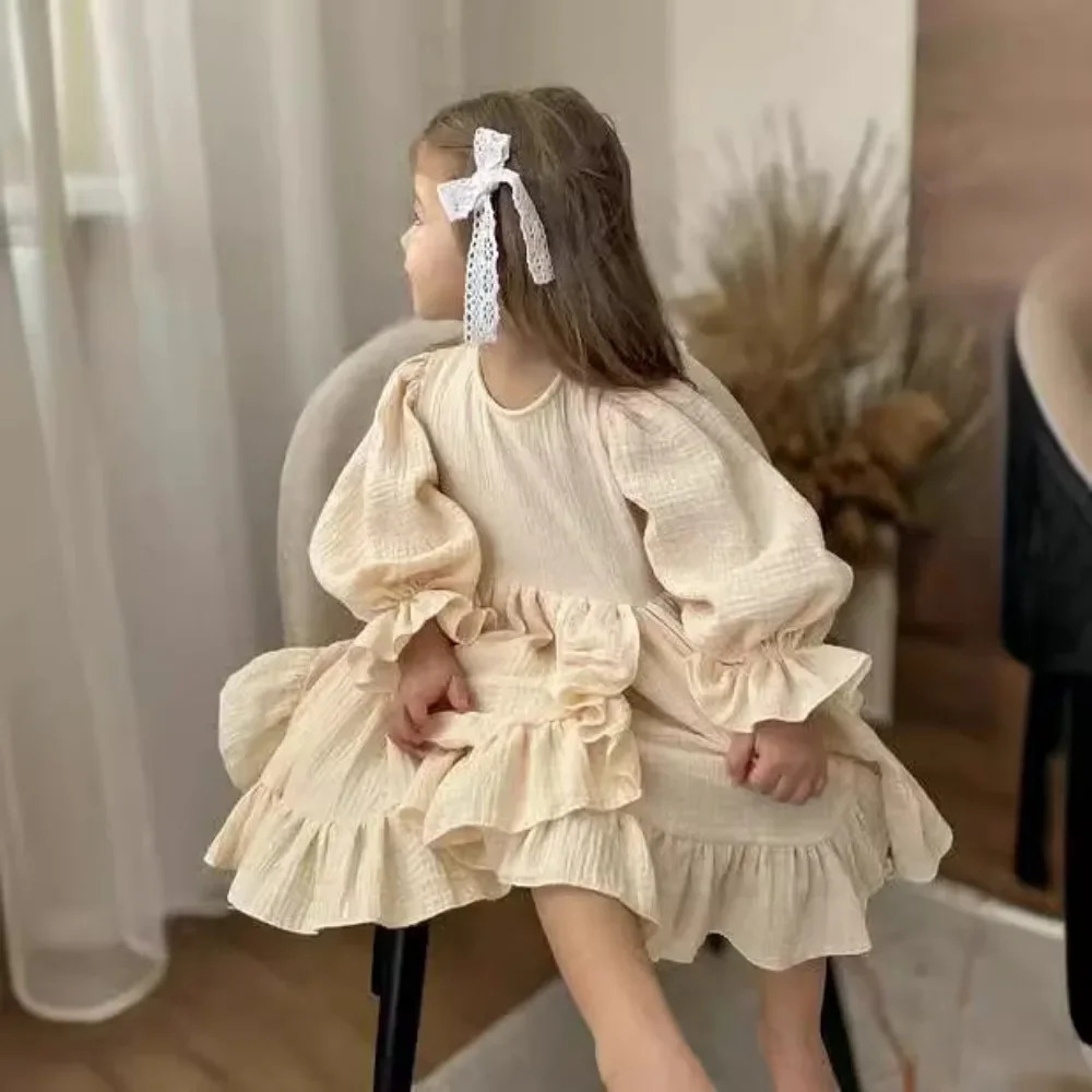 4475 Children Dress Autumn Linen Ruffled Slit Hem Dress Elastic Sleeve British Girls Dress 250326