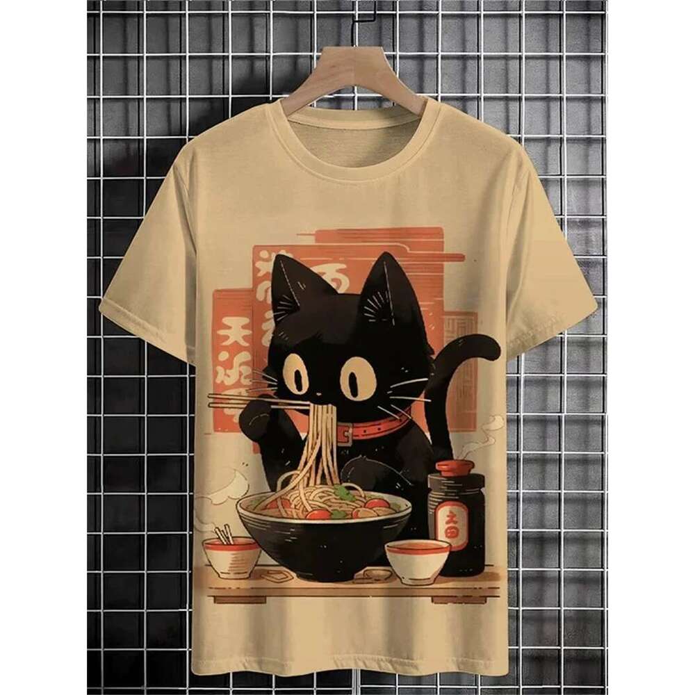 Interesting cat pattern T shirt for men fashionable summer short sleeved round neck D printed children s casual oversized Harajuku