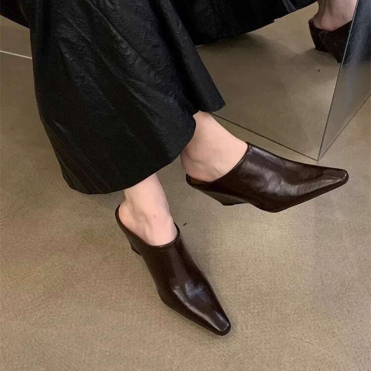 2024European American Baotou Half Women's Soft Leather Slope Heel High Cool Fashion Outwear Thick Lazy Muller Shoes