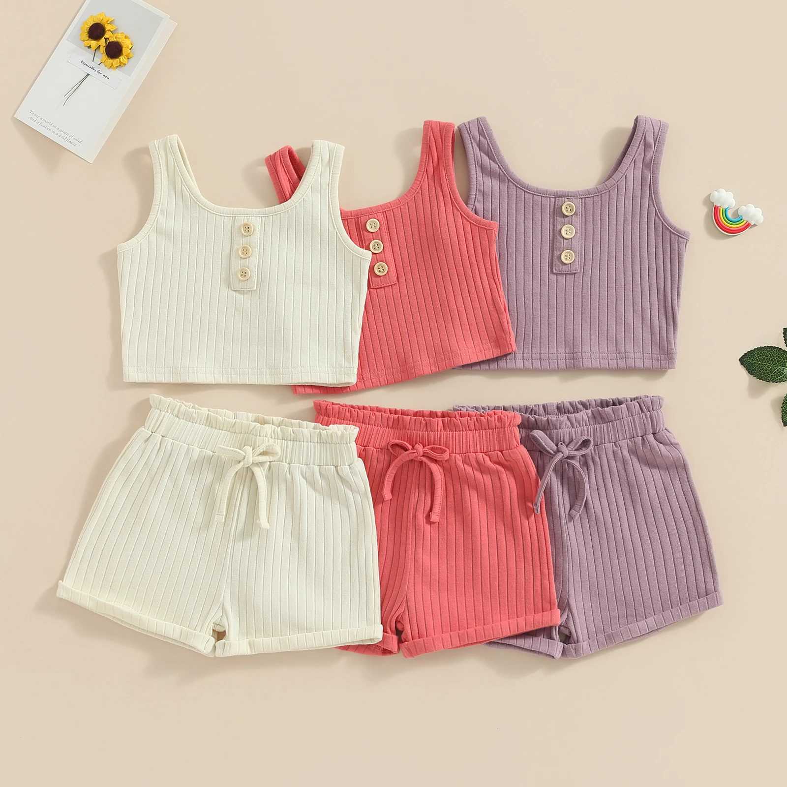 Citgeett Summer Childrens Clothing Sleeveless Button Top Solid Color Shorts Casual Clothing SetT250327