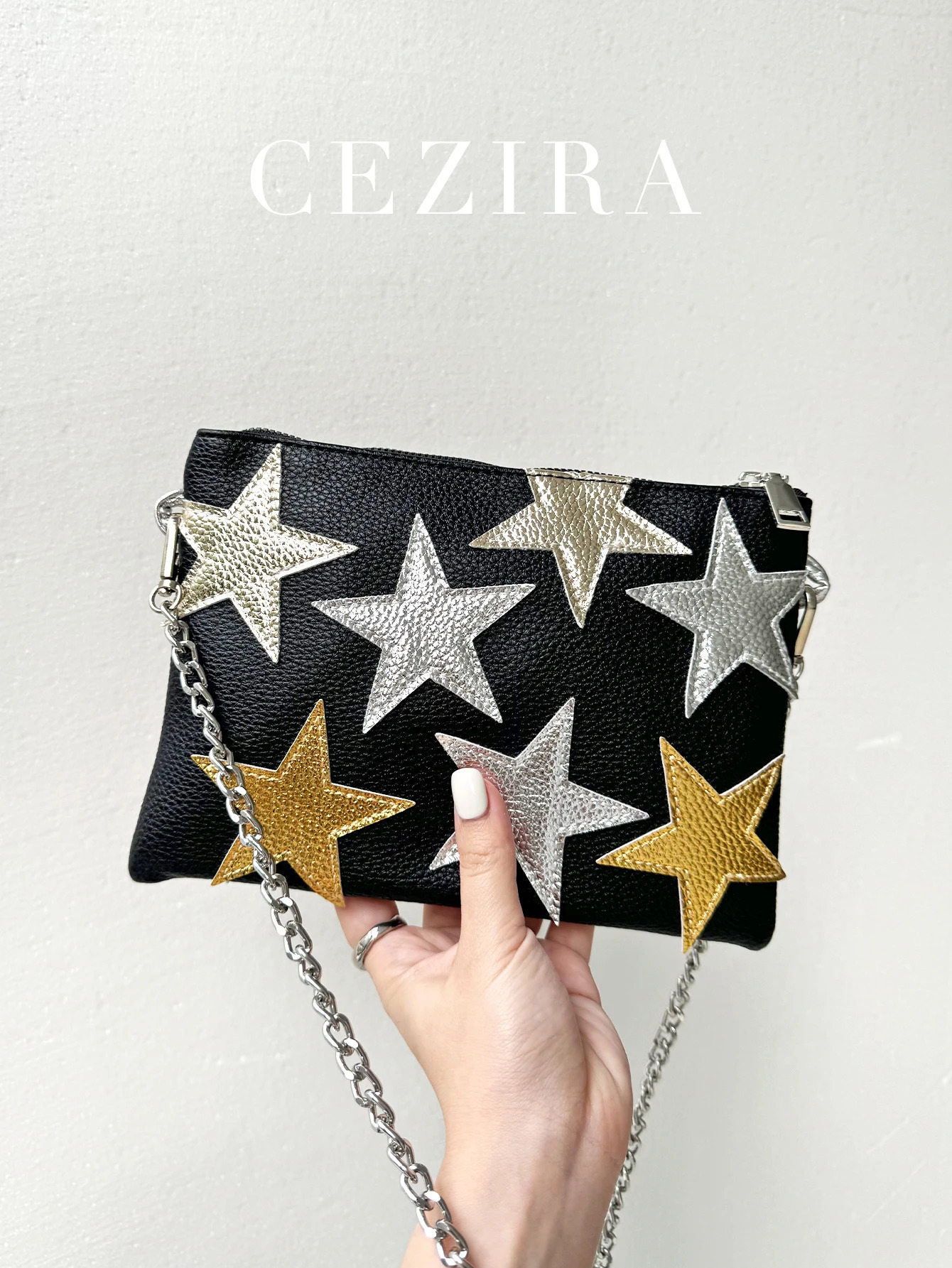 y and fashionable womens metal PU vegan leather square clutch star pattern colorful striped chain shoulder bag party date gift 250326