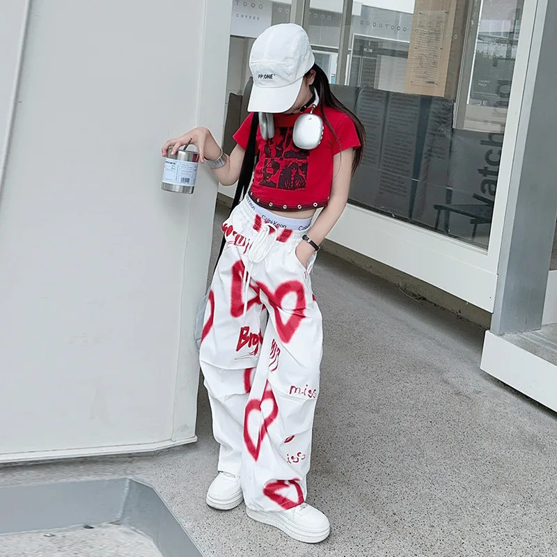 2025 summer spring teens tracksuit Girls cloth heart set graffiti t-shirt top long wide leg pant Kid 4 5 6 7 8 9 10 12 14 year 250326
