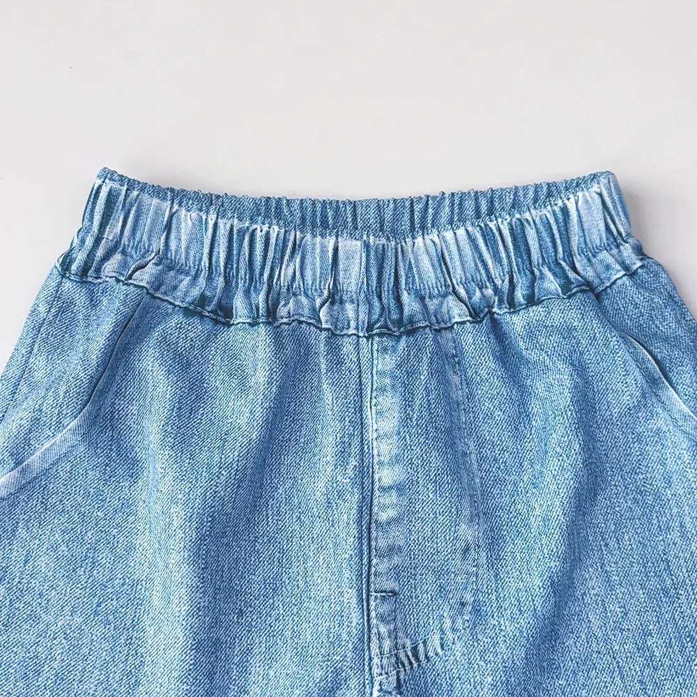 Bear collar summer girls clothing blue imitation denim sleeveless vest+pants 2-piece set solid color casual childrens clothingT250327