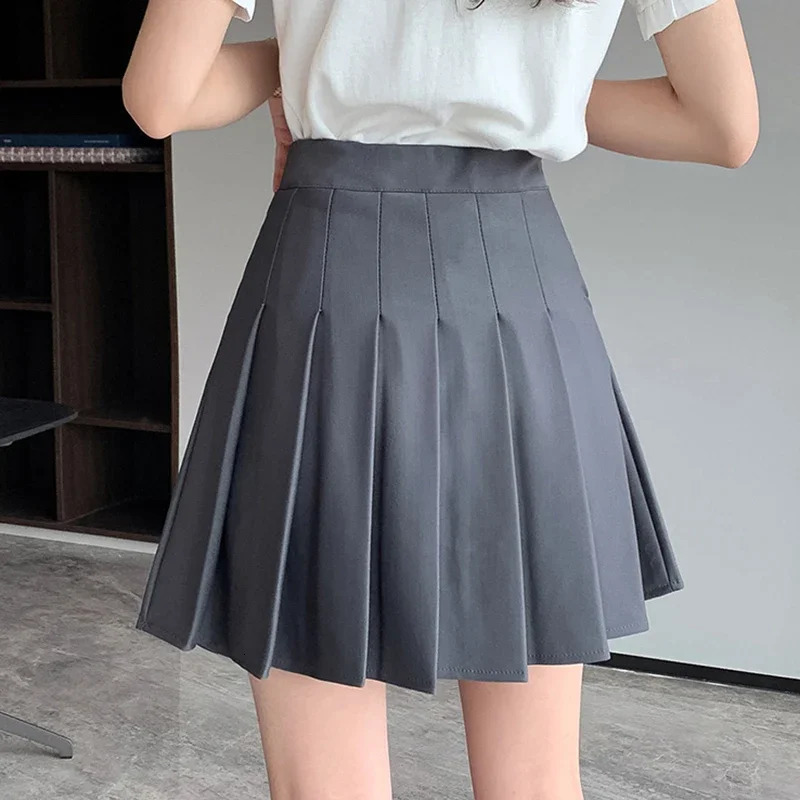 Rimocy Korean Elastic High Waist Folded Leather Womens Black Grey Short Line ALine Summer Jk Uniform Mini Skirt 250326