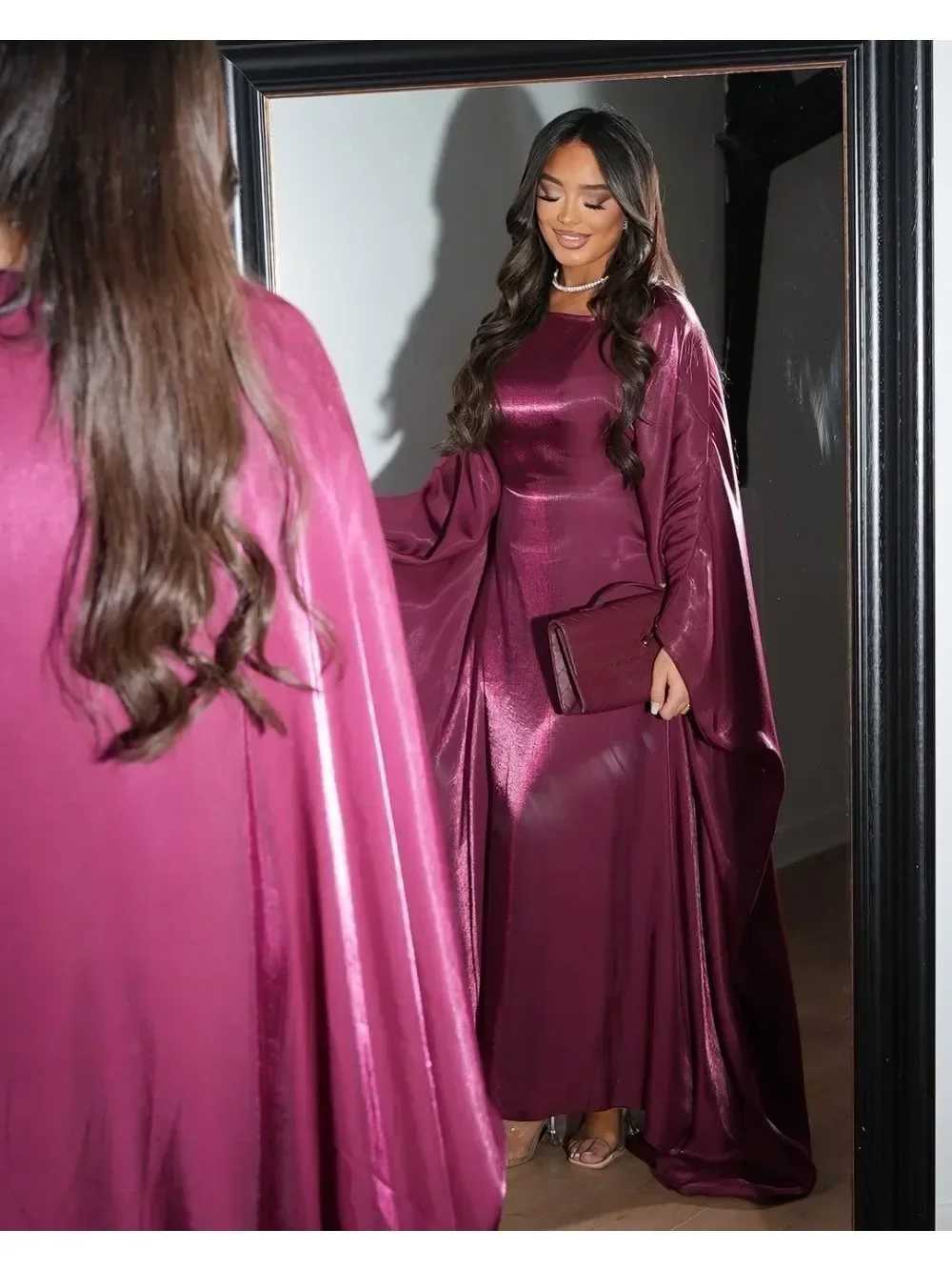 2025 Rose Muslim Kaftan Dress Shiny Batwing Satin Maxi Abaya Dubai Luxury 2025 Abaya For Women Islam Caftan Marocain Femme Long Robes X2505144