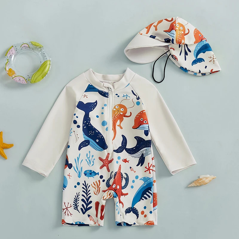 0-5Years Kids Boy Rash Guard Swimsuits Shark Print Long Sleeve Half Zip-up Bathing Suit with Sun Hat 2 Pcs Swimwear for Toddler 250326