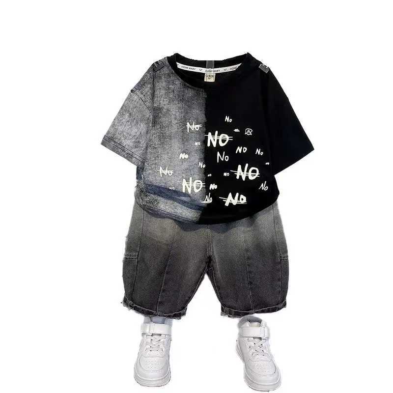 Boys personalized smooth short sleeved T-shirt+jeans shorts 2-piece summer set new fashion boutique casual music setT250327