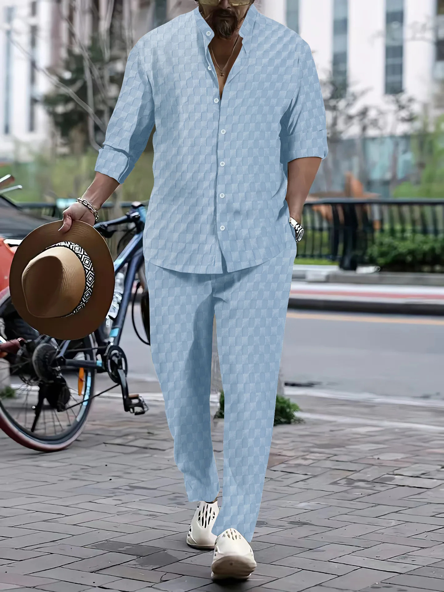 The trend of mens checkered Henry collar shirts and pants will break out in the autumn for casual sportswear 250327