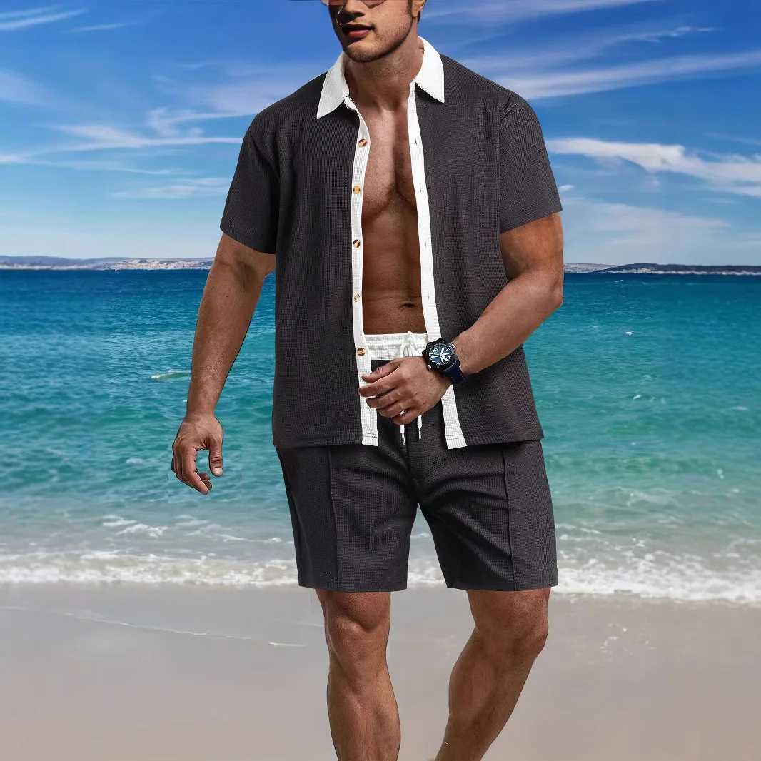 Mens fashion trend casual collar button color shirt short sleeved shorts set summer beach mens sports two-piece setXJ250326