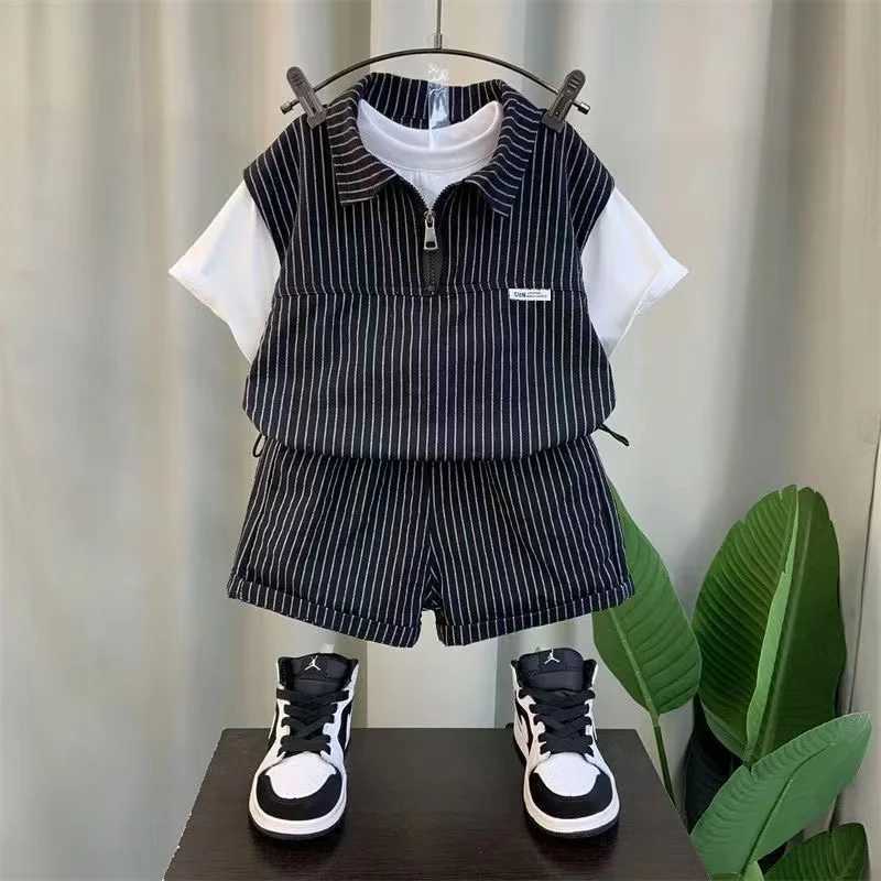 Korean fashion striped short sleeved zipper shirt and two-piece set baby boy summer boutique set childrens sportswearT250327