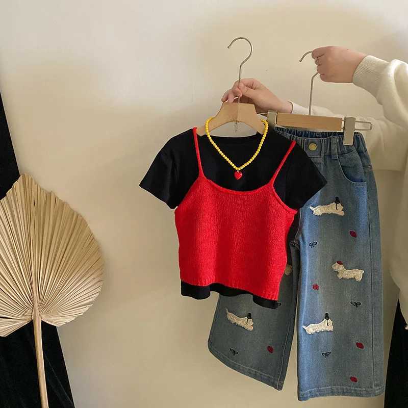 Korean girl short sleeved T-shirt bottom jacket knitted suspension 2025 spring new cartoon dog jeans setT250327