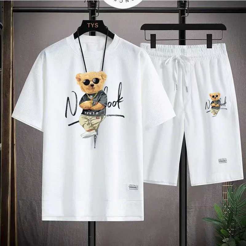 Fashion mens sportswear summer Harajuku casual short sleeved O-neck T-shirt and sports shorts 3D bear print 2-piece setXJ250326