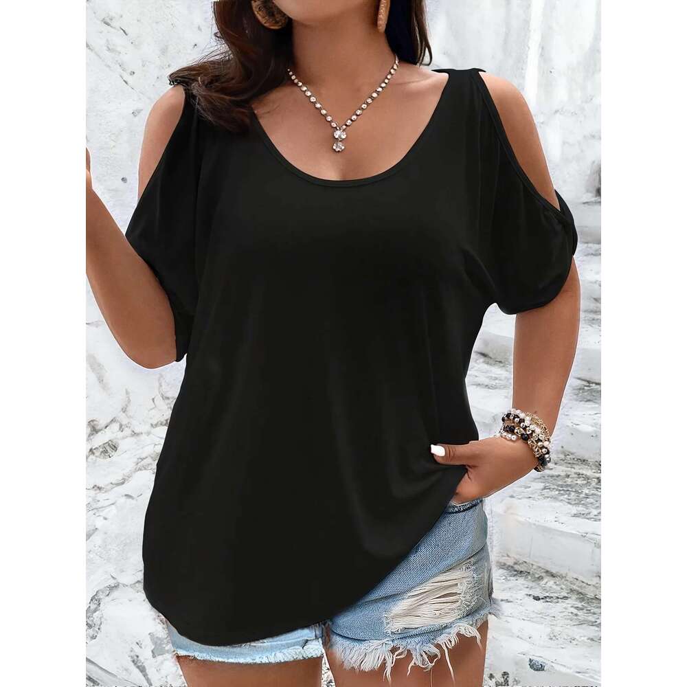 Large size women's off shoulder T-shirt, casual summer top, loose fit, fashionable cut