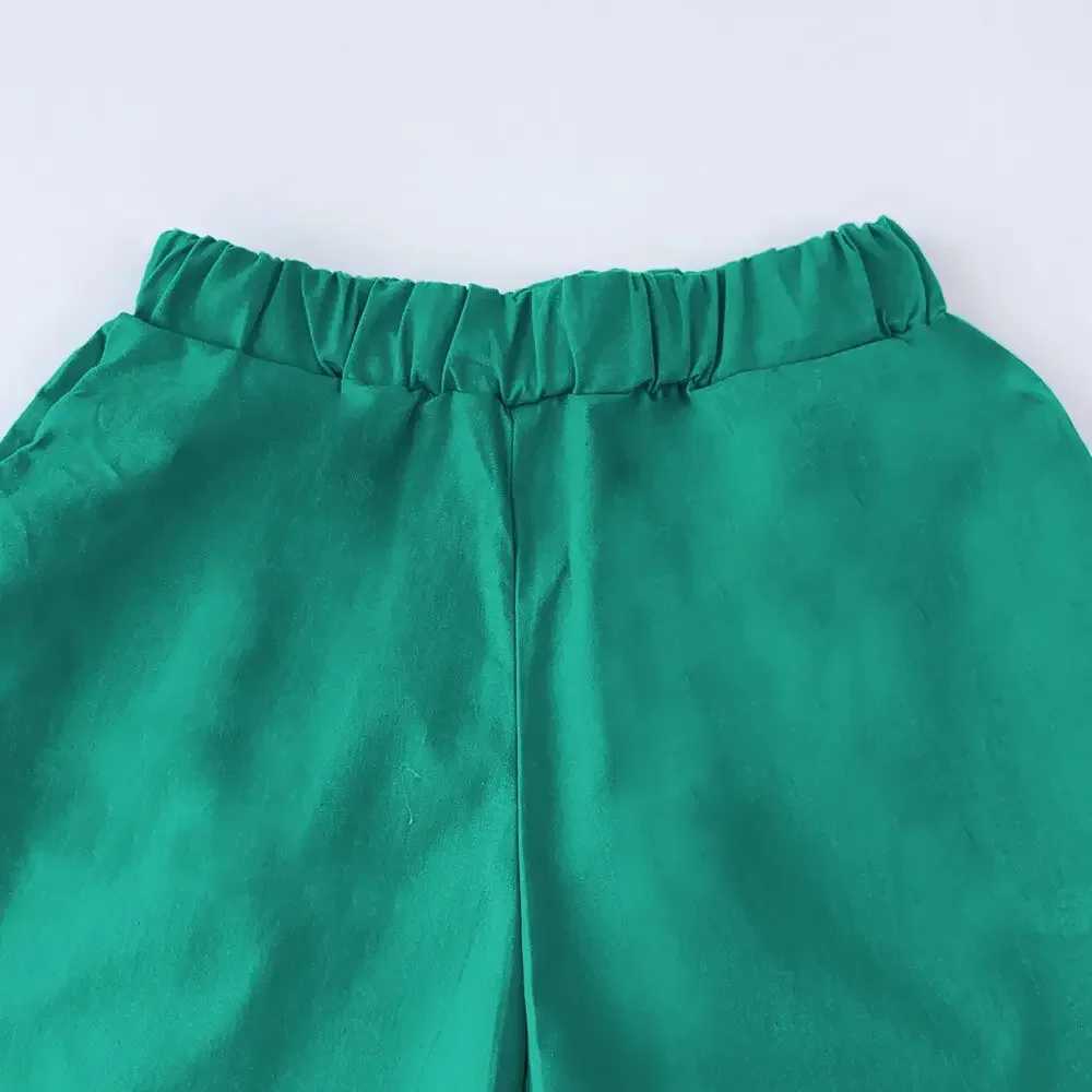 Green short sleeved set with round neck top and pants two-piece set for summer girls daily clothing for children aged 3-7 girls clothingT250327