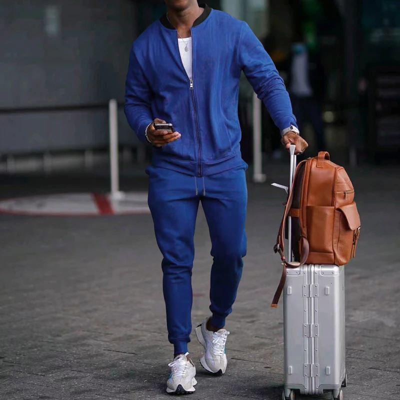 Spring and summer mens casual sports solid color stand up collar zipper jacket pants twopiece set clothing 250326