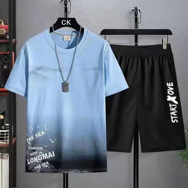 Mens summer casual short sleeved T-shirt+shorts set sports pants anime sports two-piece fashionable sportswear T-shirtXJ250326