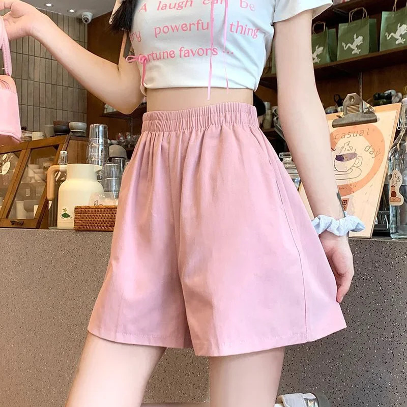 Summer Womens Double Pocket Cargo Shorts Solid Wide Leg Wash Cotton Girls Korean Bag High Waist Muffin 250326