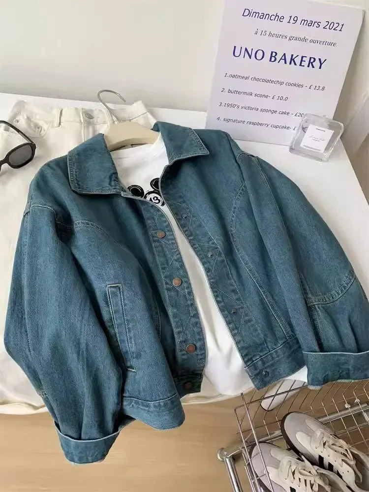 Korean style beige denim jacket loose and casual womens short spring autumn patchwork n Versatile weight loss top 250326
