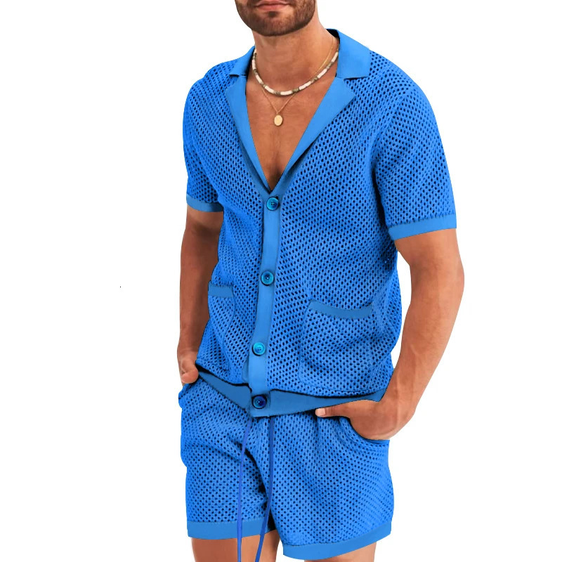 2024 summer mens Vneck short sleeved cardigan and shorts fashionable hollow breathable twopiece suit 250326