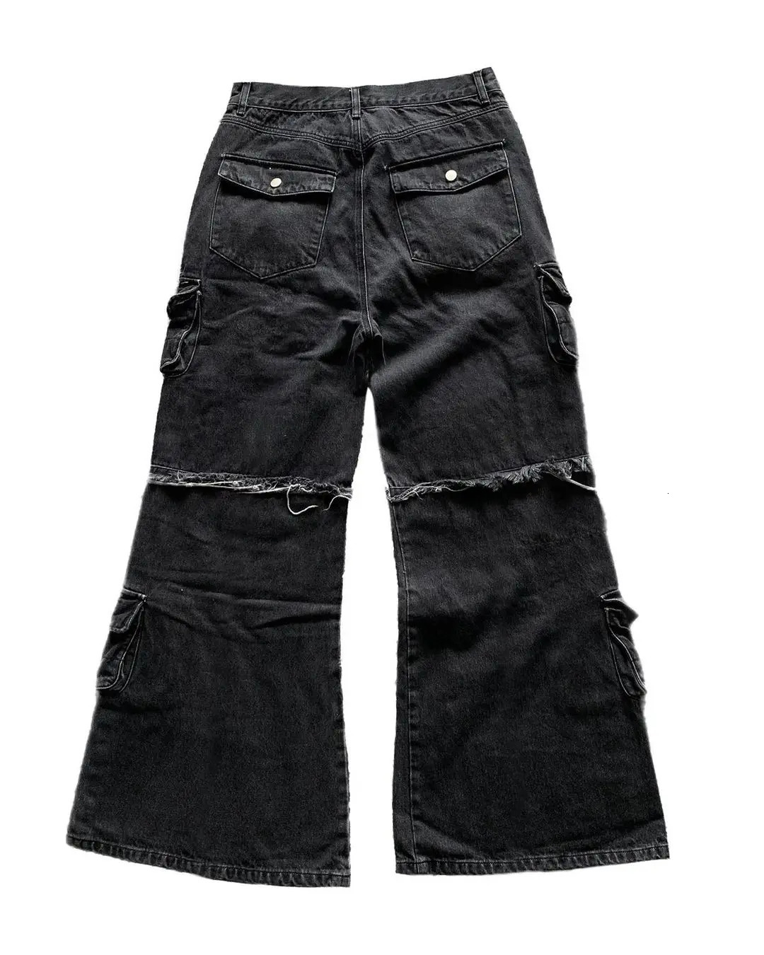 Gothic Harajuku Y2K Multi-Pocket Washed Black Jeans Men Fall Loose Drag Pants Street Hip Hop Rap 90s Spice Girls Wide Leg Pants 250317