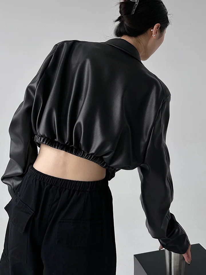 Jacket PU Leather Womens Black Collar Long Sleeve Crop Coat American Retro Street Clothing Zipper Fashion Casual Womens Clothing 250322