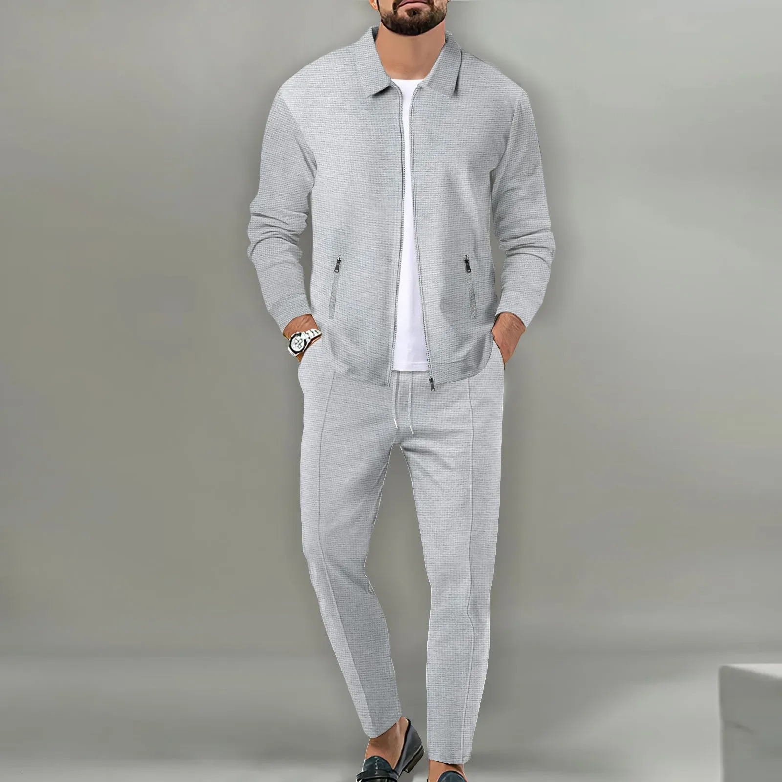SpringSummer Sports Mens Youth Fashion Solid Color Jacket Trouser Double Casual Sportswear Zip Tracksuit 250327