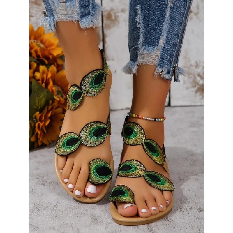 Fairy Style Flat Gold Thread Peacock Eye Hair Sandals Shoes Summer with Ski Vacation Roller Beach 250317