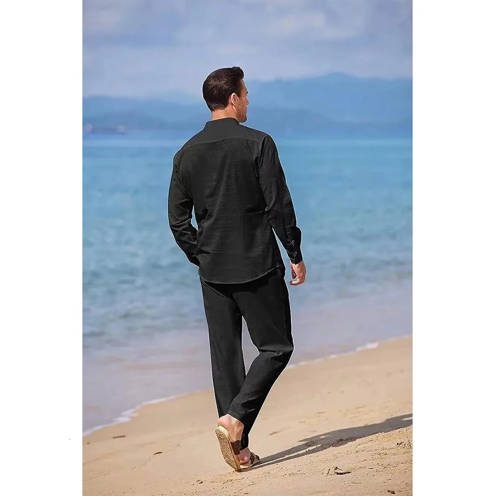 Mens casual cotton linen twopiece beach retro basic shirt and pants solid color set mens Hawaiian track field 250326