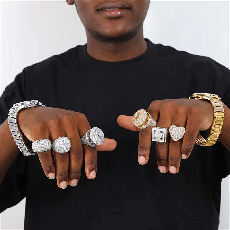 PVD Coating 18K Gold Plated Copper Alloy Gemstone Finger Ring Iced Out Ring Hip Hop Jewelry Cubic Zirconia Stone Men Rings