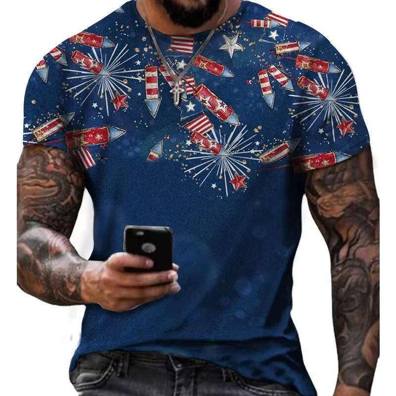 Men s American Flag Pattern T shirt D Printed Color Blocks Neutral Summer Loose Top Round Neck Short Sleeve