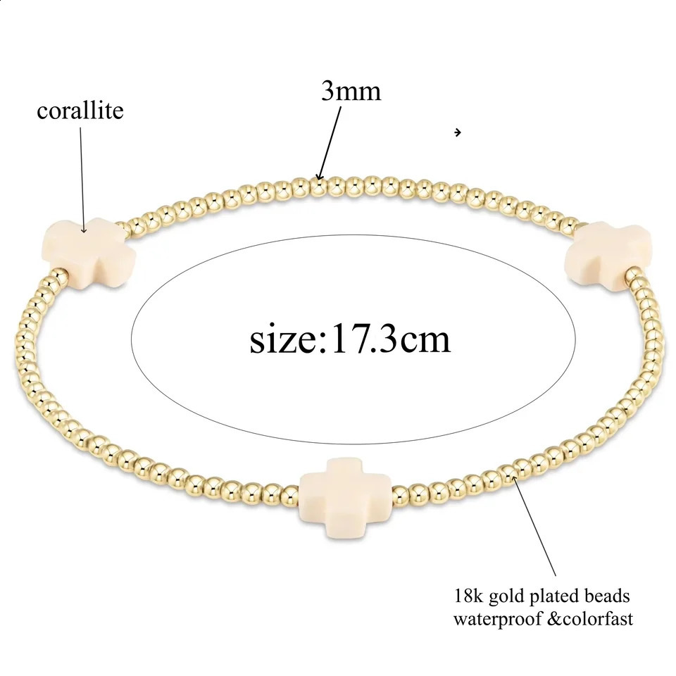 Vlen Cross Charm Bracelet 3mm Gold Plated 18 K Beads Bracelets for Women Stackable Boho Pulseras Jewelry 250326