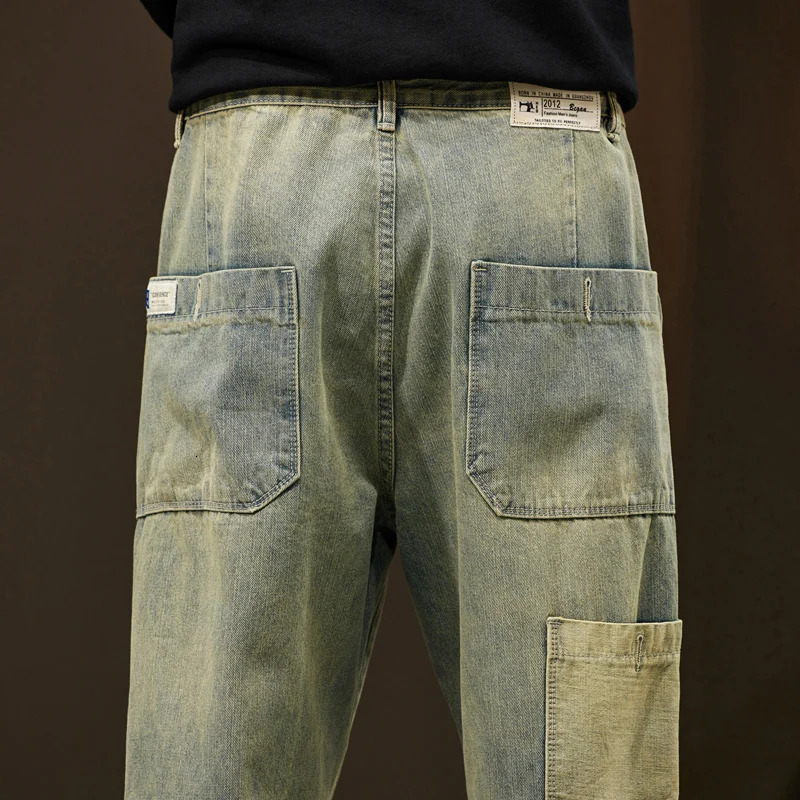 Jeans Men Loose Fit Retro Blue 2024 Spring Wide Leg Pants Denim Trousers Korean Style Fashion Side Pocket Male Baggy Pants 250317