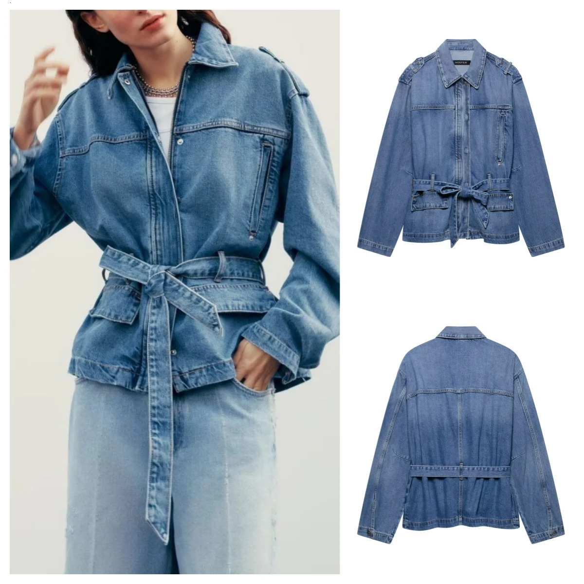 European and American style with a fashionable belt Versatile Spring denim jacket 250326