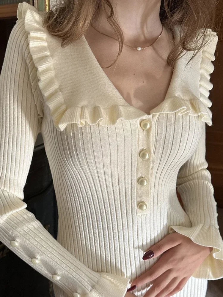TARUXY High Waist Ruffled Maxi Dresses For Women Autumn Winter Knitted Slim Long Dress Womens Vintage Dress Woman Retro Elegant 250322