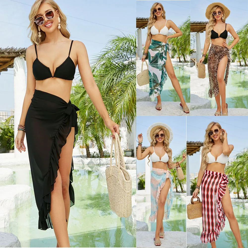 Summer ruffled womens swimsuit cover long and short Saron beach bikini bag wool short sleeved swimsuit 250324